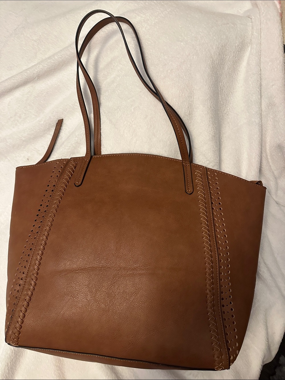Everyday Brown Faux-Leather Tote with Decorative Stitching